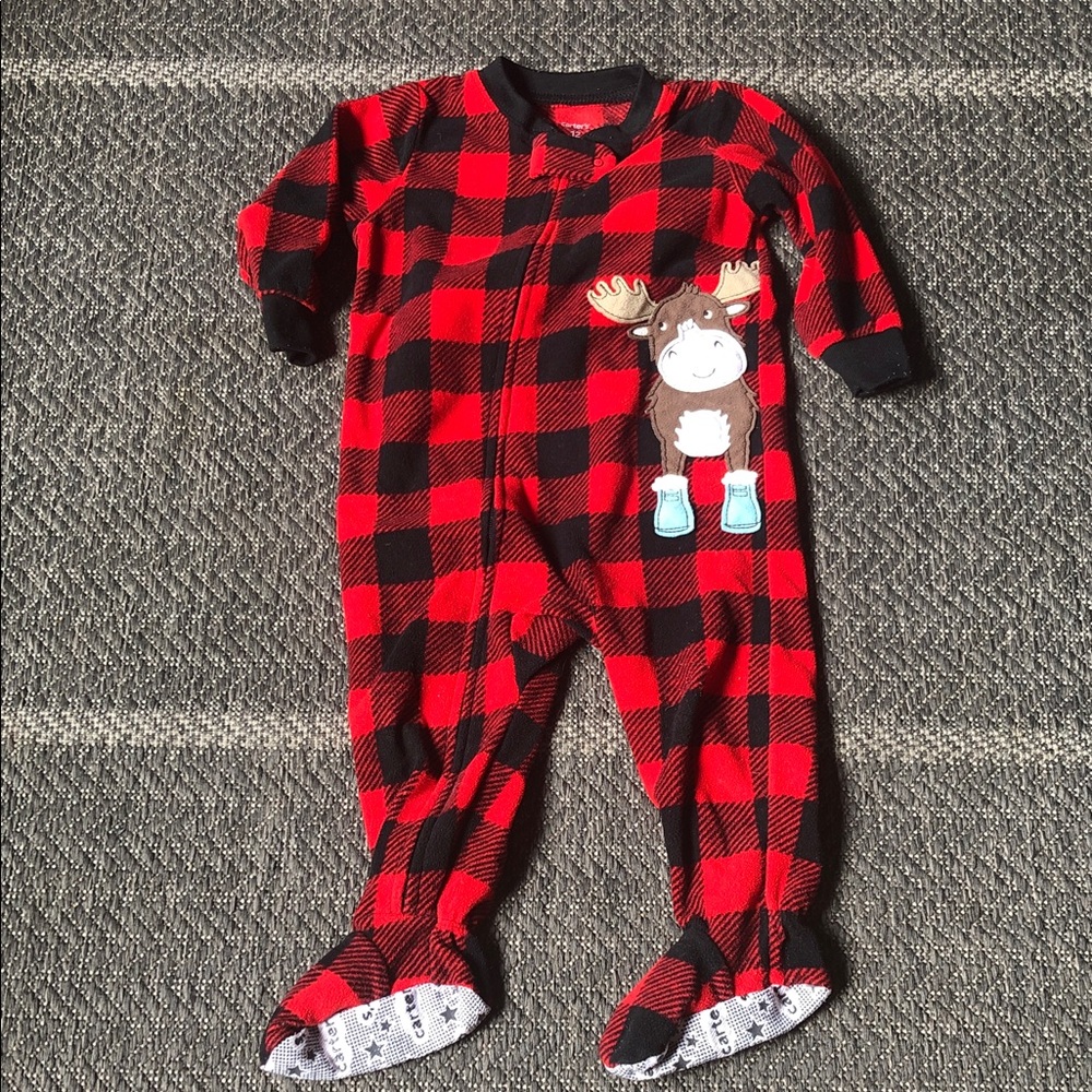 Carter's Red and Black Buffalo Plaid Footed One-Piece with Moose Patch